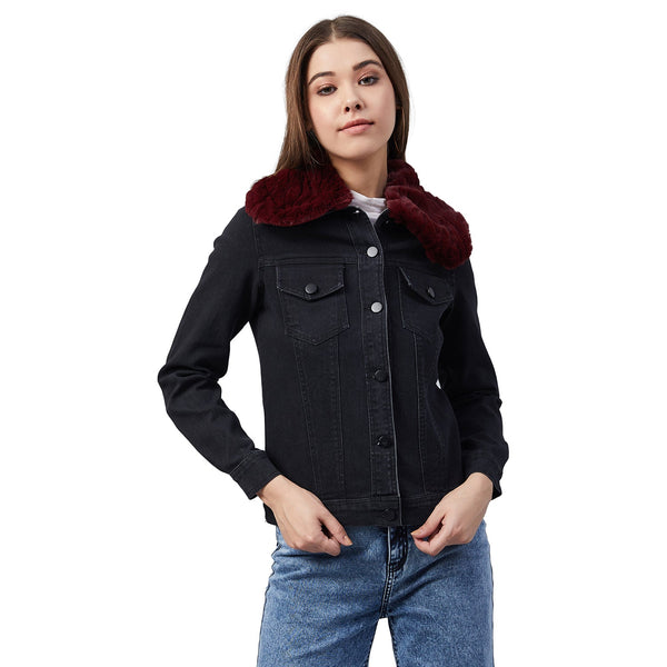 Women's Black Denim Jacket with Detachable Maroon Fur Collar - StyleStone