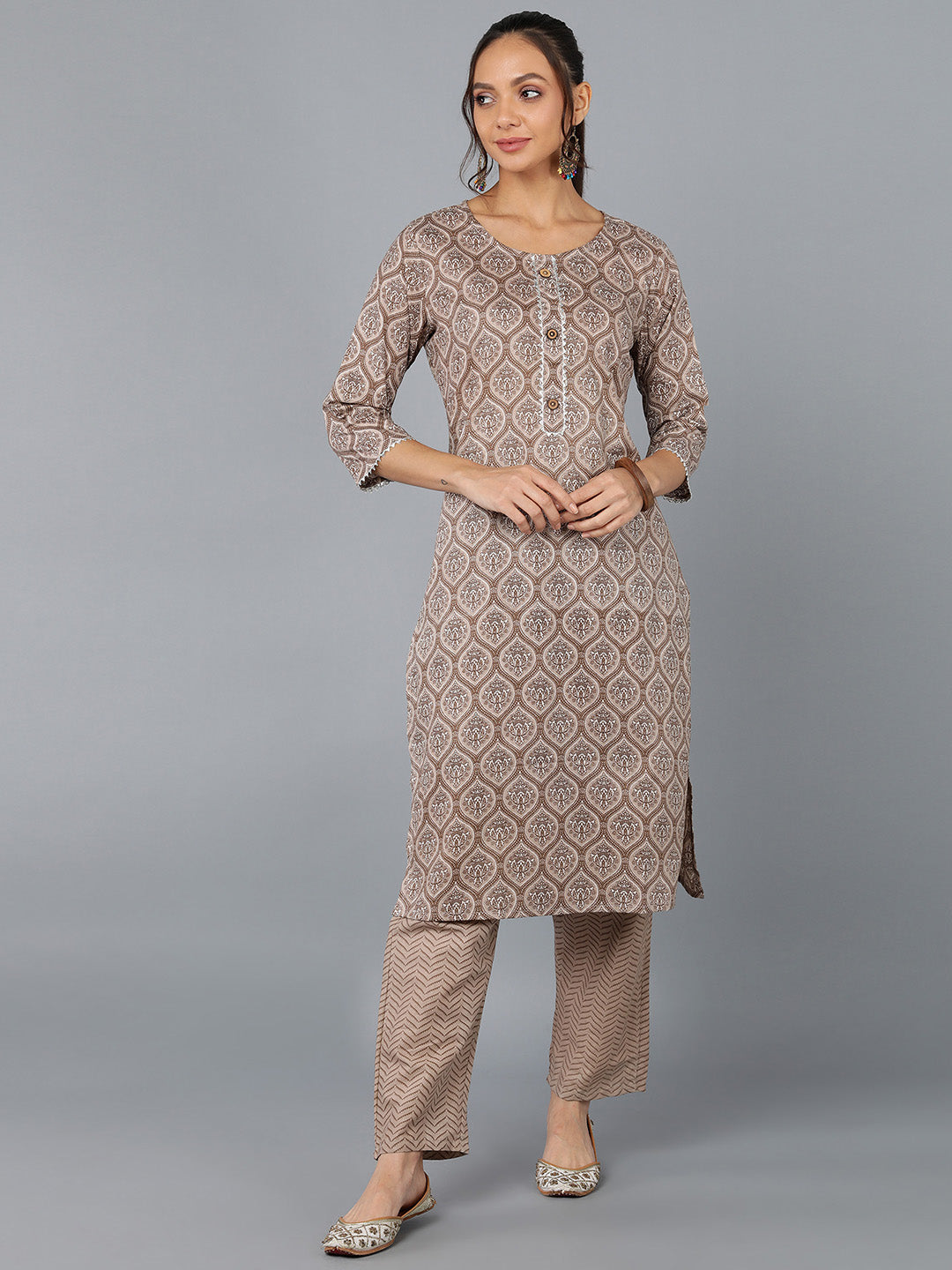 Women's Cotton Blend Printed Straight Kurta Set (Tan) - Kipek