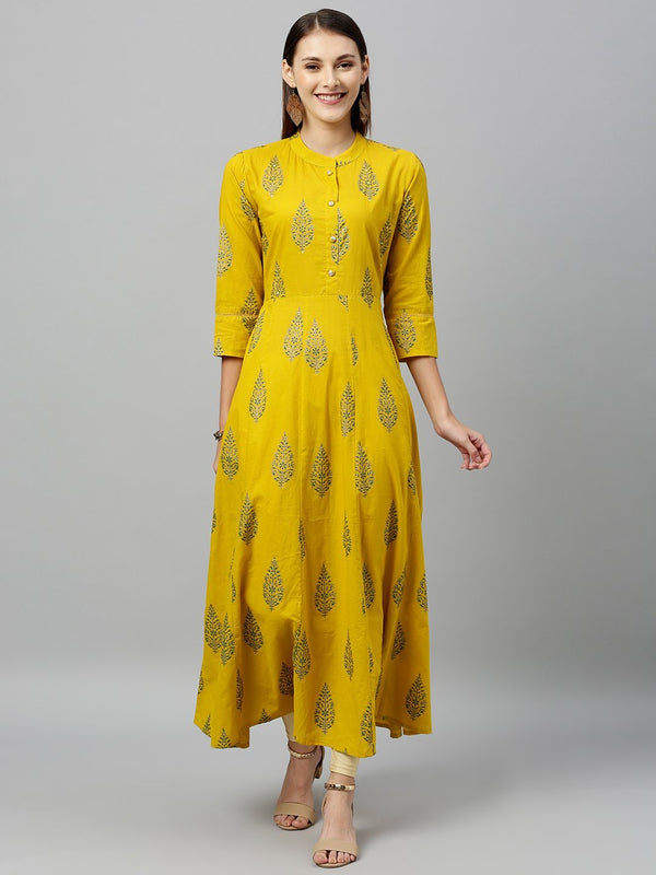 Women's Mustard Yellow Cotton Anarkali Kurta by Kipek (1pc)