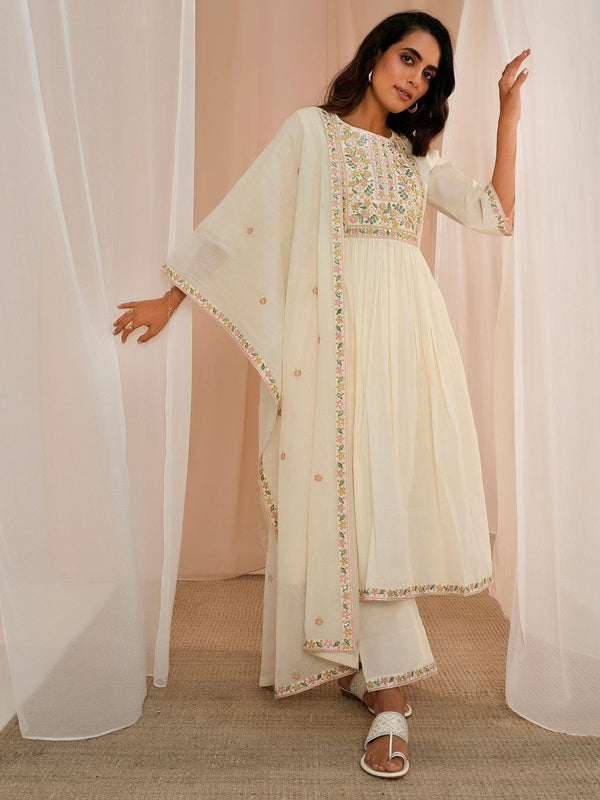 Off White Yoke Design Cotton A-Line Kurta With Palazzos & Dupatta - Jashvi