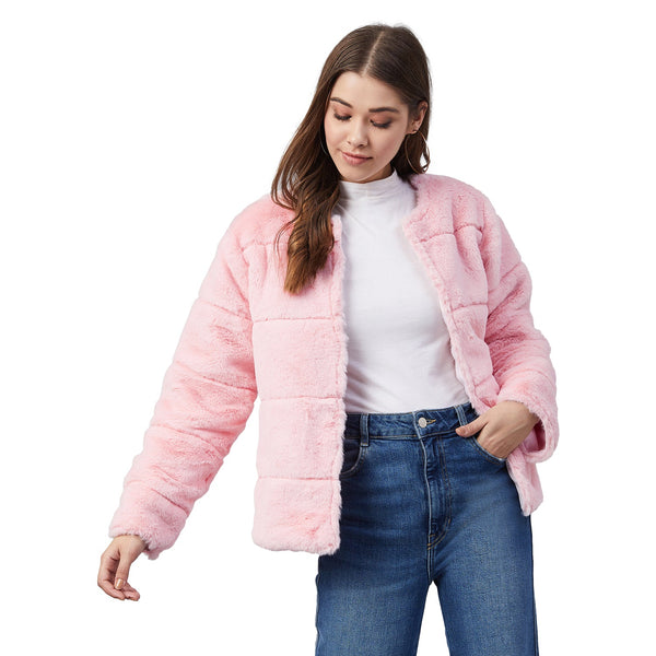 Women's Pink Faux Fur Open Jacket - StyleStone