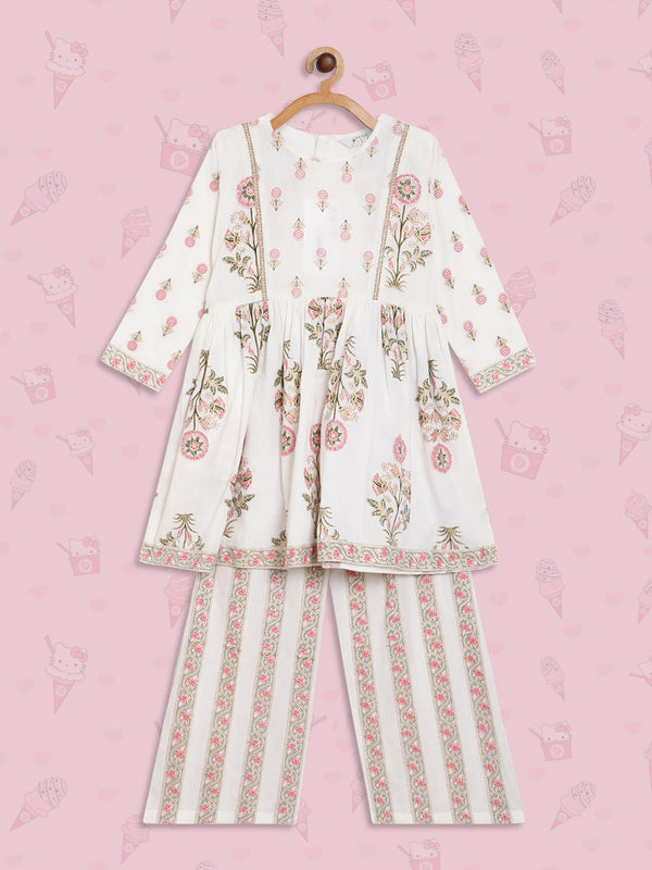 Off White Floral Printed Pure Cotton Girls Kurta with Palazzos