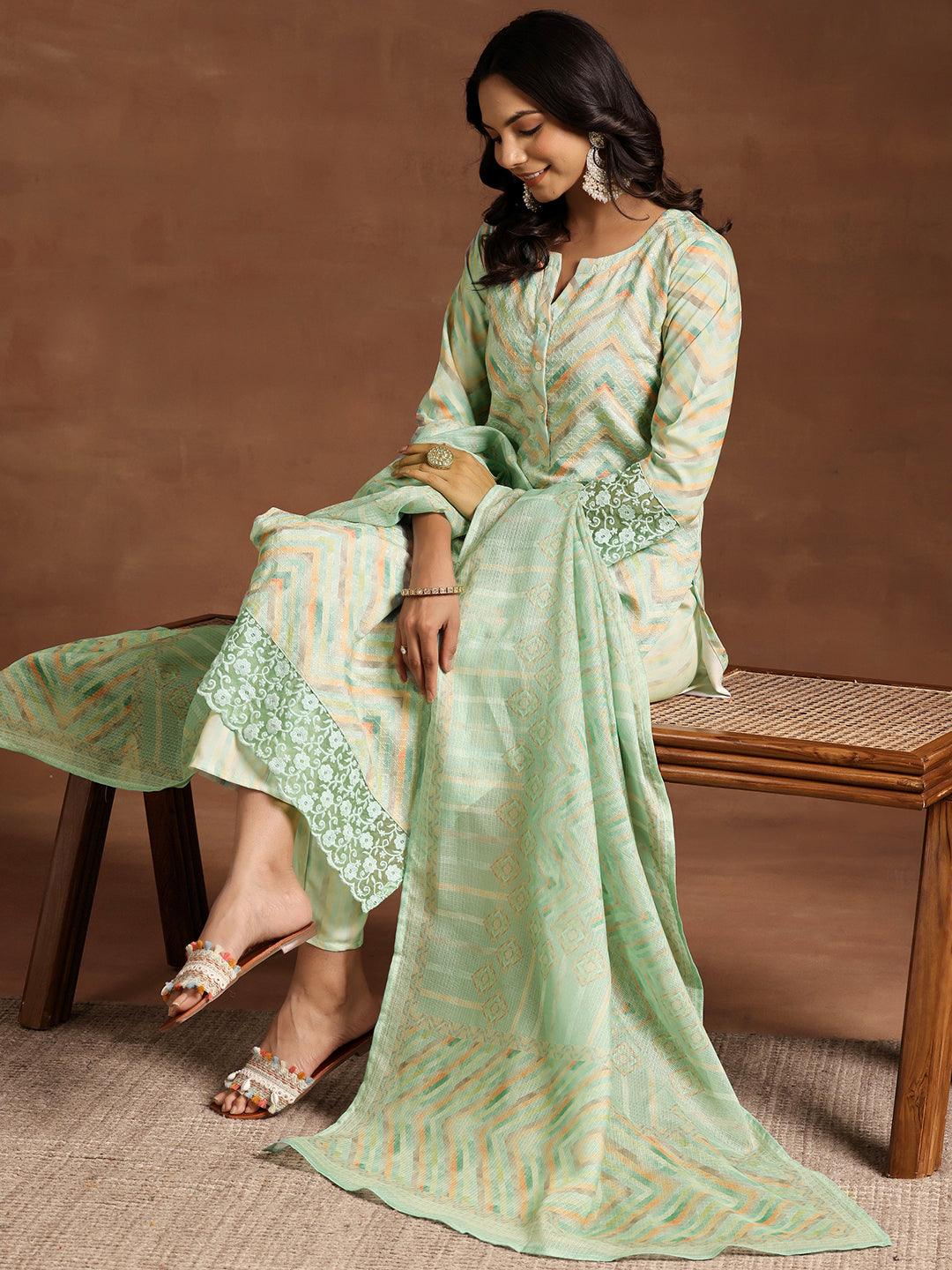 Green Embroidered Cotton Blend Straight Suit With Dupatta - Jashvi