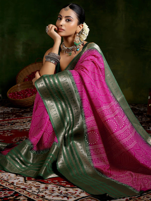 Pink Printed Silk Blend Saree With Unstitched Blouse Piece