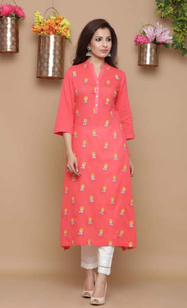 Women's Coral Cotton Embroidered Straight Kurta - Juniper