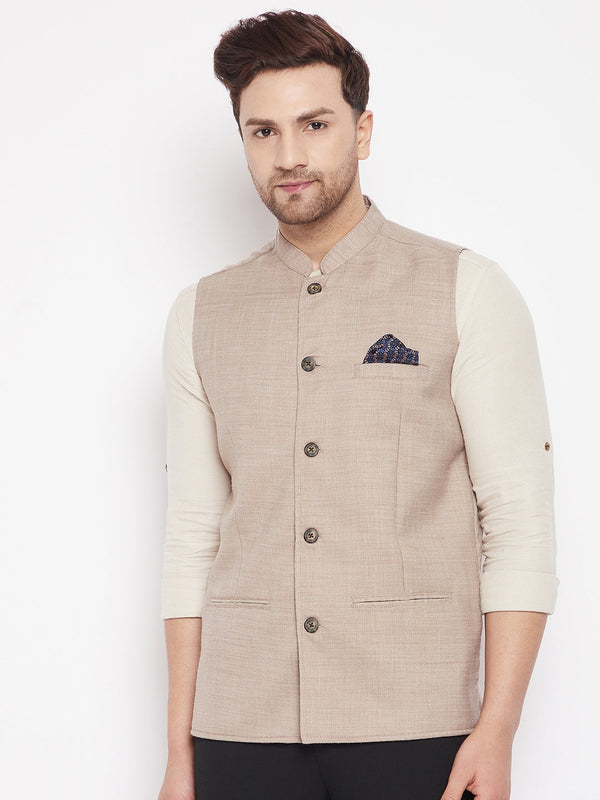 Men's Cream Color Nehru Jacket-Contrast Lining-Inbuilt Pocket Square - Even Apparels