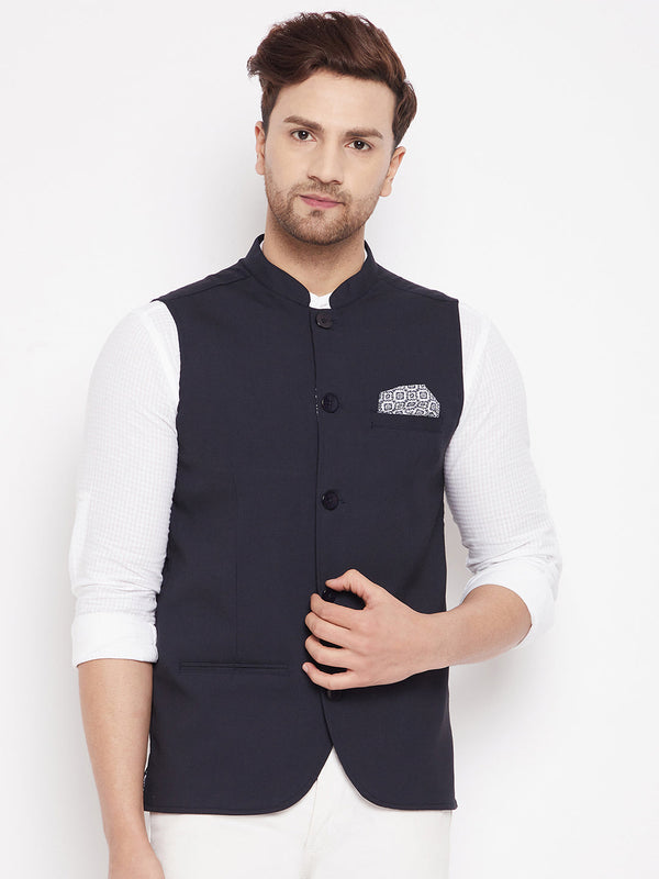 Men's Navy Color Nehru Jacket-Contrast Lining-Inbuilt Pocket Square - Even Apparels