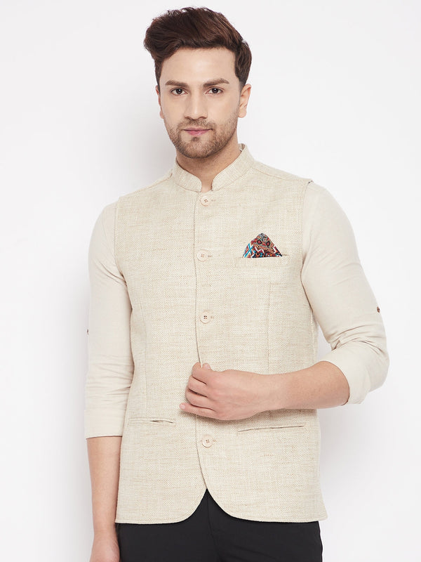 Men's Beige Color Woven Nehru Jacket - Even Apparels