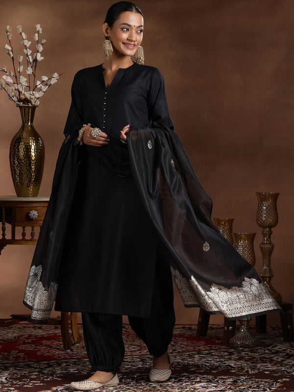 Black Solid Silk Blend Straight Suit With Dupatta