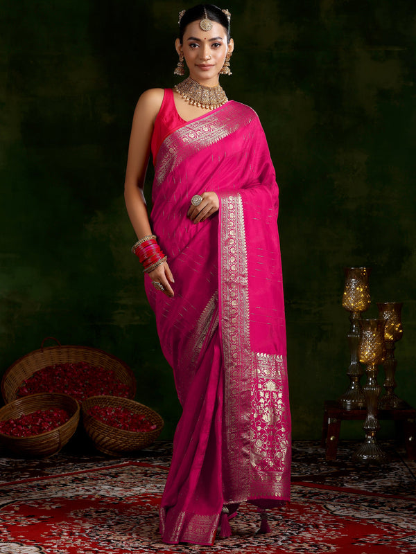 Pink Woven Design Silk Blend Saree With Unstitched Blouse Piece