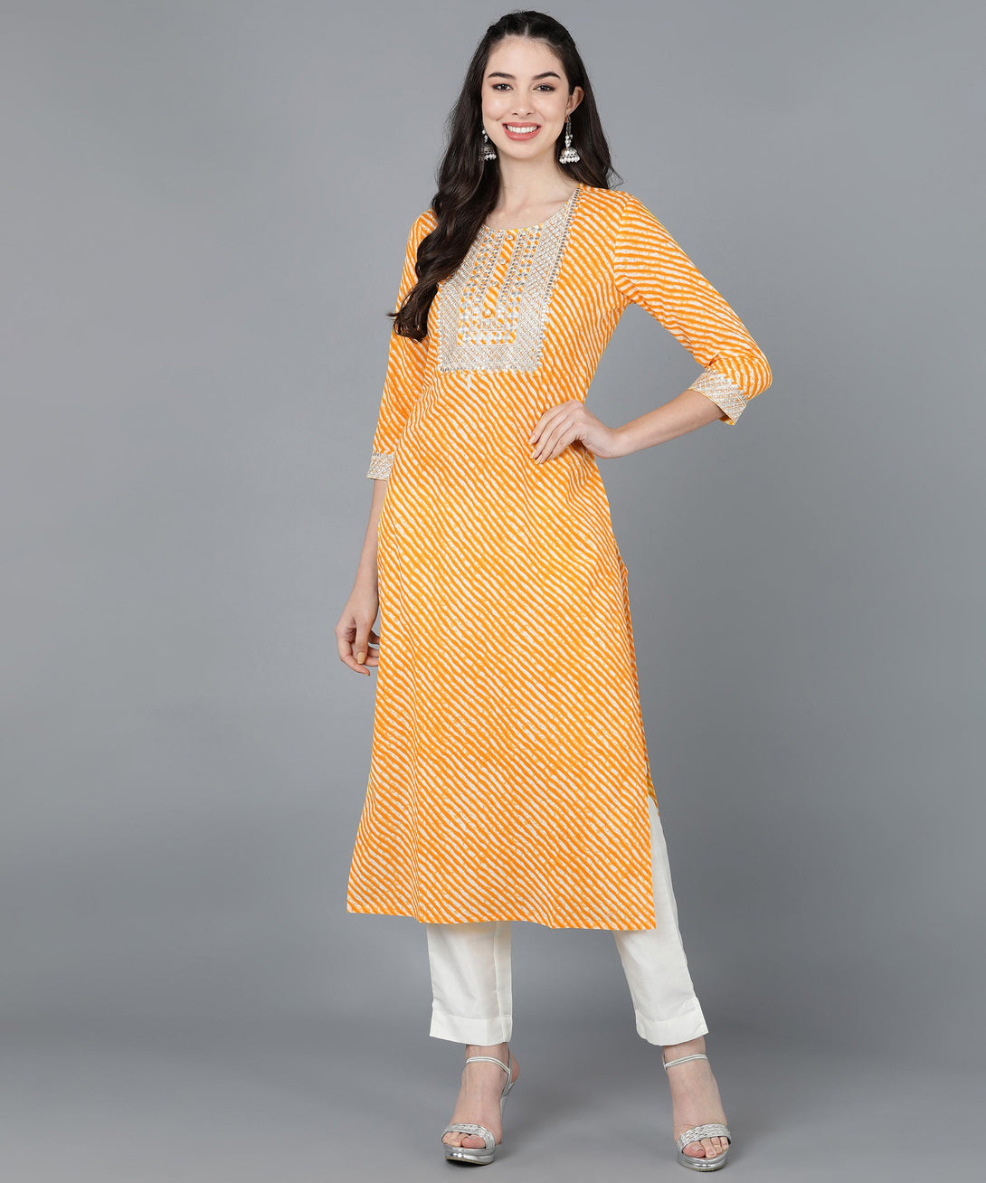 Women's Cotton Lehriya Print Straight Kurta (Orange) - Kipek