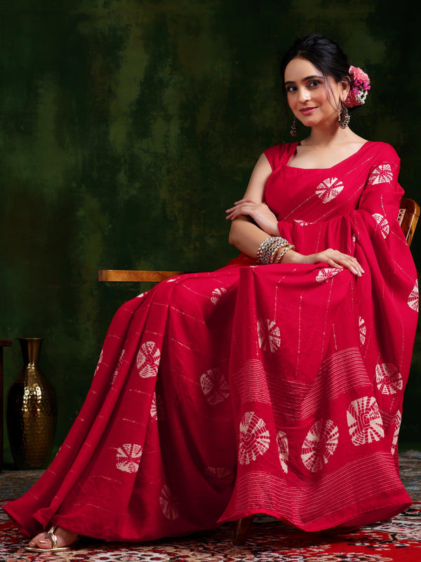 Red Printed Poly Chiffon Saree With Unstitched Blouse Piece