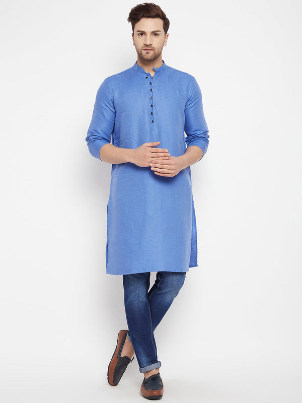 Men's Blue Color Long Kurta with Band Collar - Even Apparels