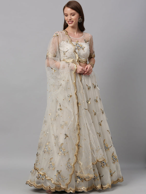 Women's Grey Net  Coding And Sequince Work Lehenga Choli - Royal Dwells