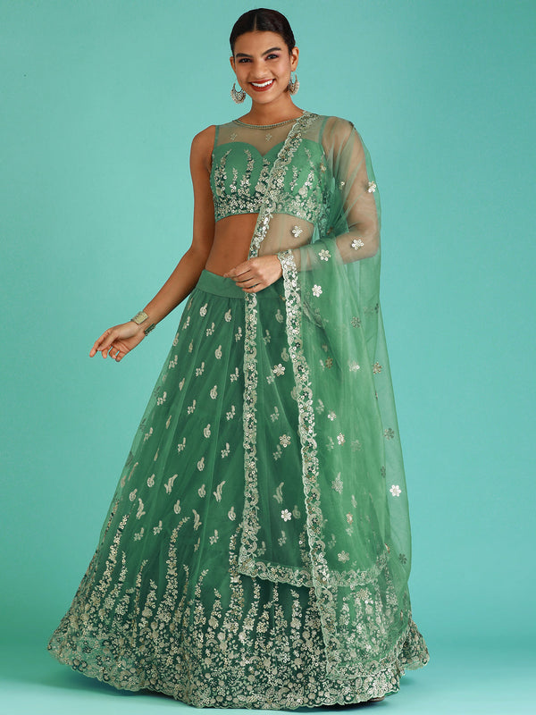 Women's Lime Green Net Sequince Work Lehenga - Royal Dwells