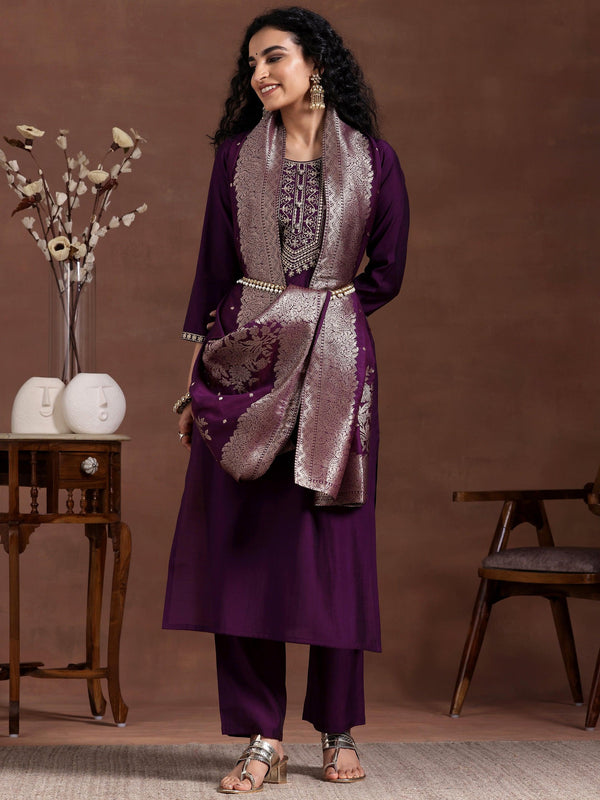 Wine Yoke Design Silk Blend Straight Suit With Dupatta