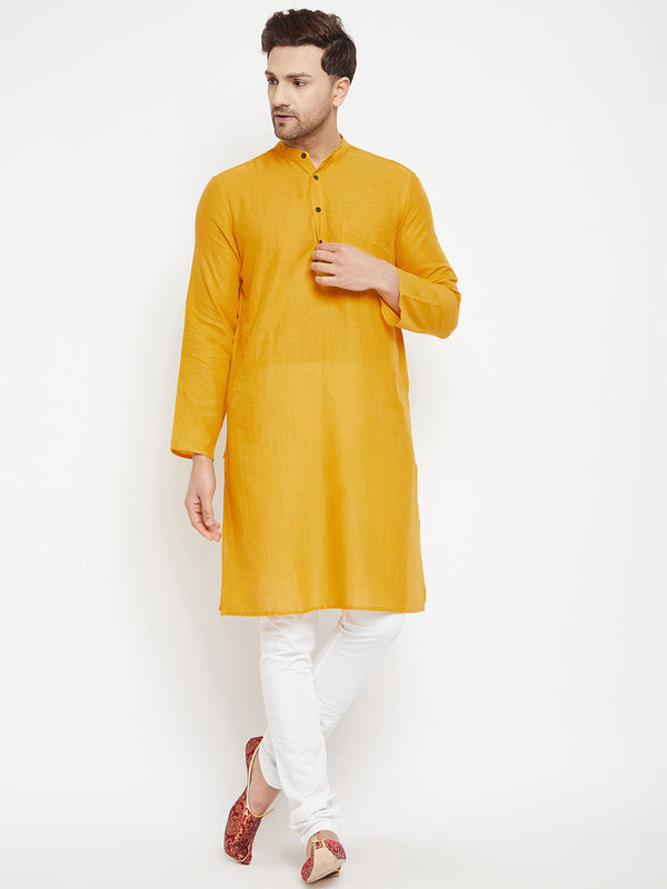 Men's Yellow Color Long Kurta with Band Collar - Even Apparels