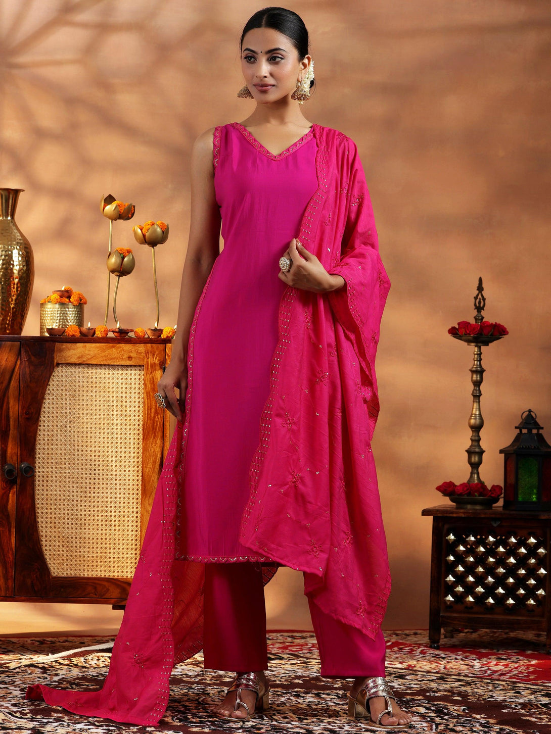 Pink Solid Silk Blend Straight Suit With Dupatta - Jashvi