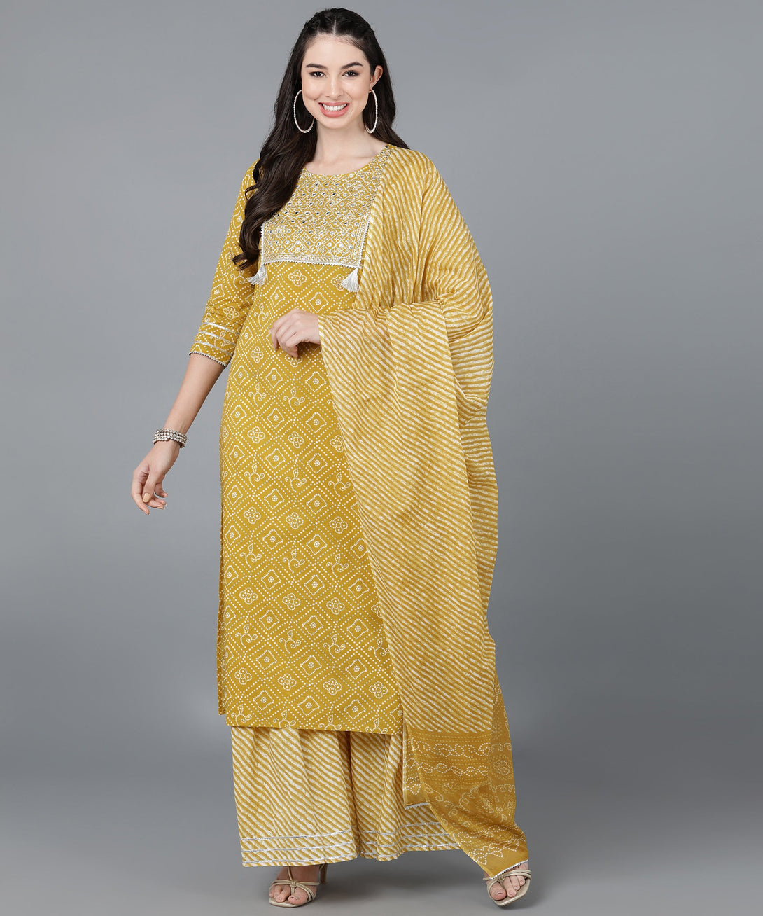 Women's Cotton Lehriya Print Straight Kurta Set (Mustard) - Kipek