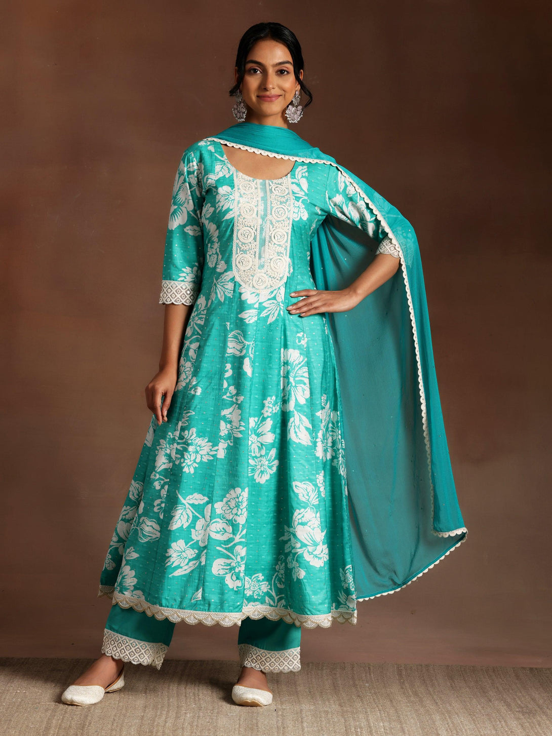 Abidaah Green Printed Silk Blend A-Line Kurta With Trousers & Dupatta - Jashvi