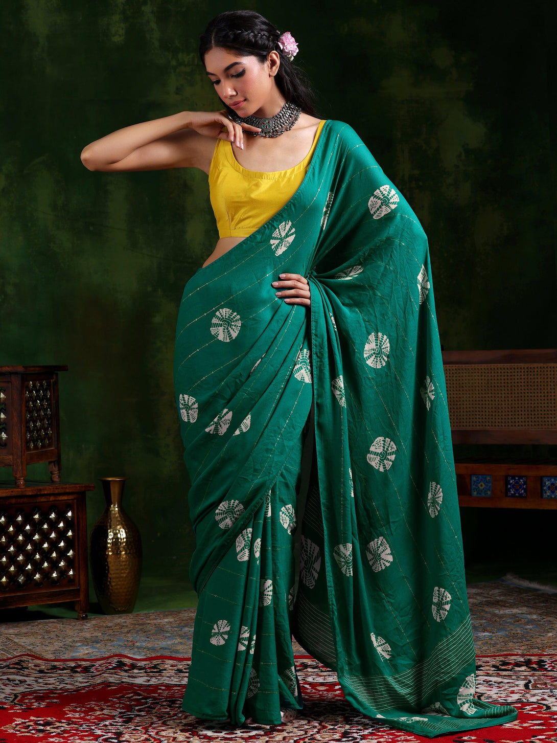 Rama Green Printed Poly Chiffon Saree With Unstitched Blouse Piece - Jashvi