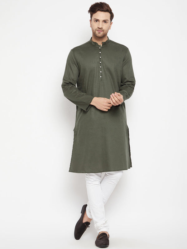 Men's Green Color Long Kurta with Band Collar - Even Apparels