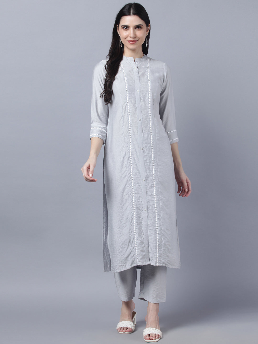 Women's Stylish Grey Viscose 3/4 Sleeve Kurta Pant Set - Myshka