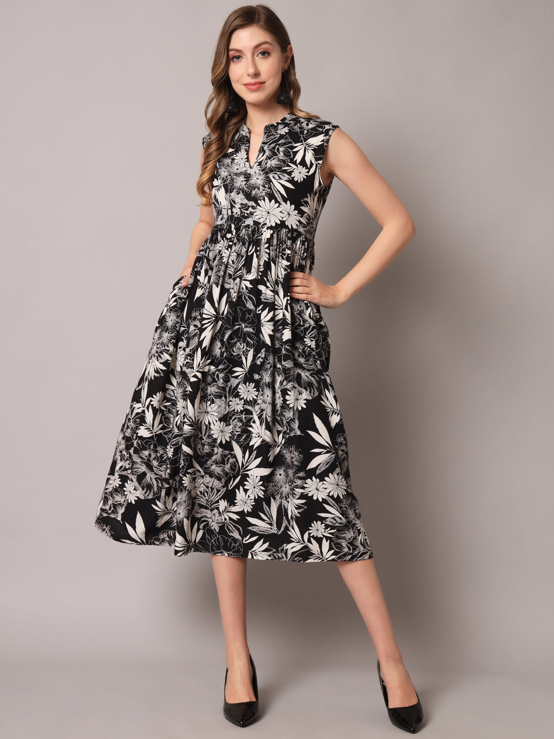 Women's Beautiful Tropical Print Black & White Dress - Deckedup