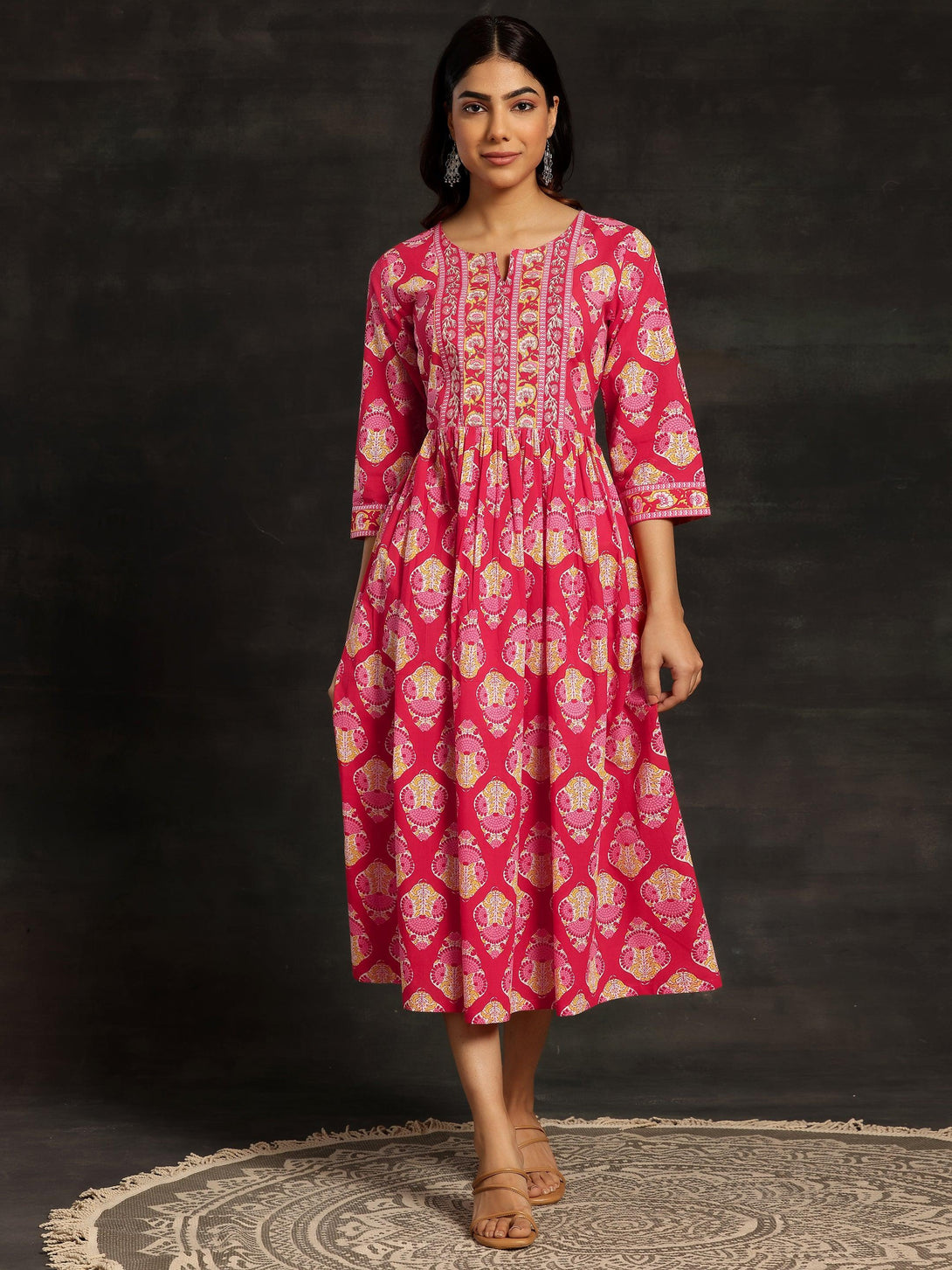 Red Printed Cotton Fit and Flare Dress - Jashvi