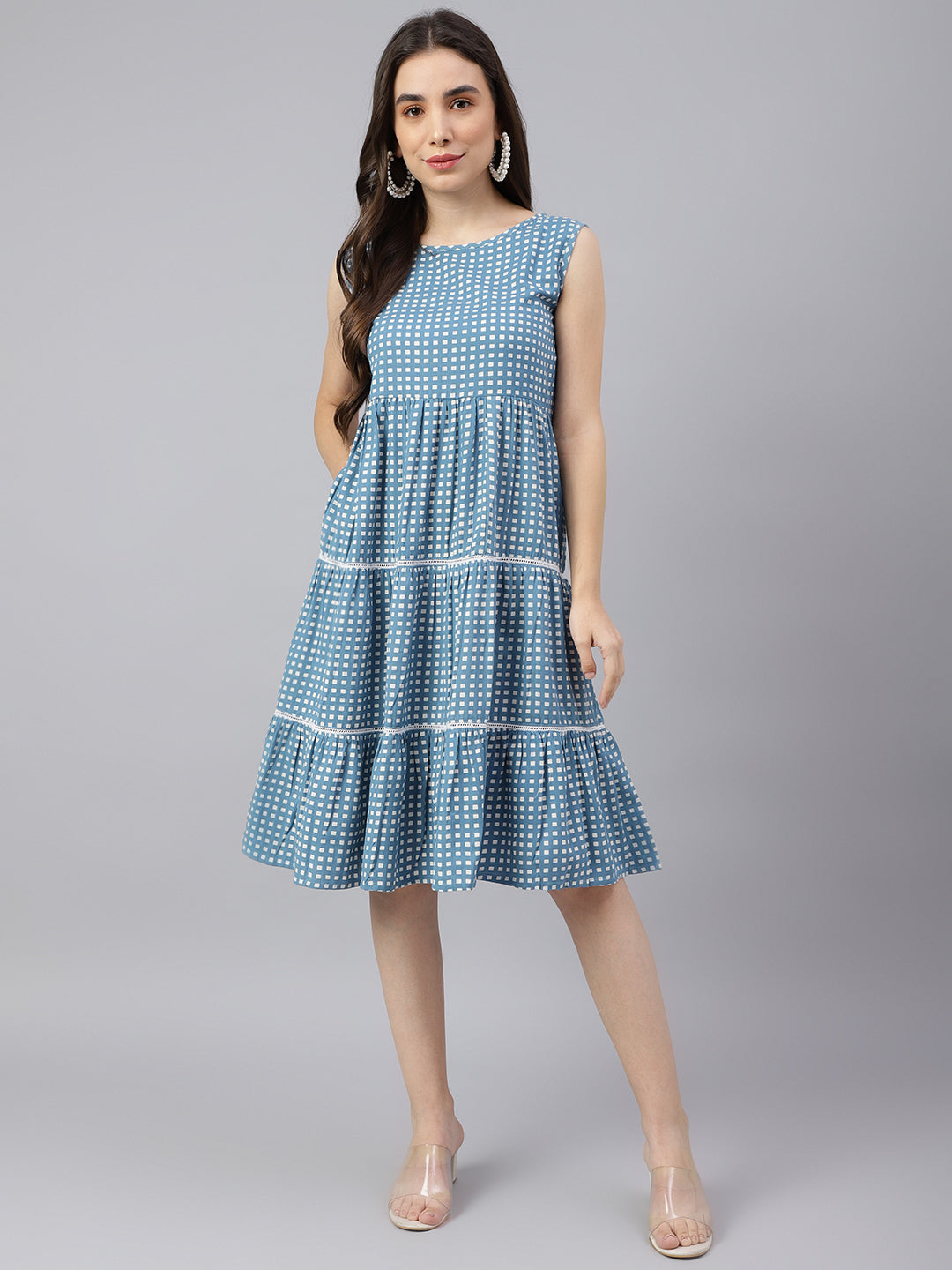 Women's Blue Tiered Pocket Dress - Deckedup