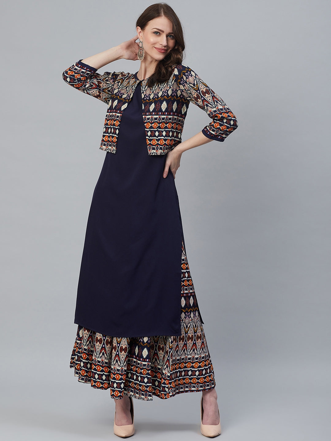 Women's Printed Kurta With Palazzo And Jacket Set - Azira