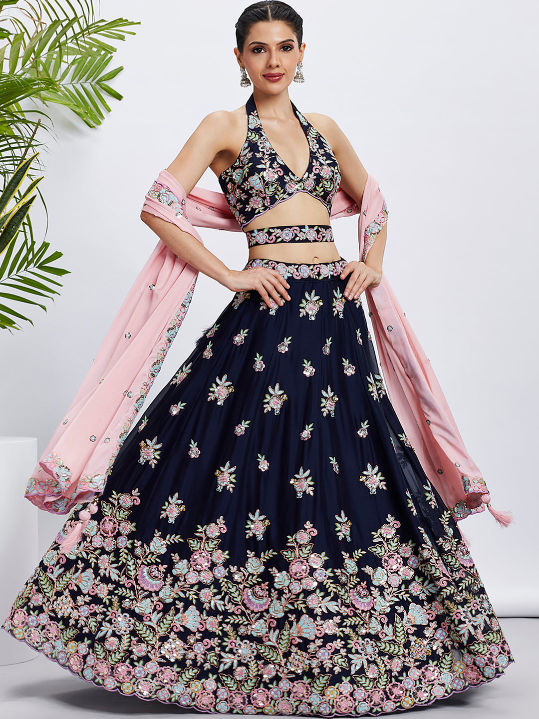 Women's Navy Blue Pure Georgette Sequins And Thread Embroidery Lehenga Choli & Dupatta - Royal Dwells