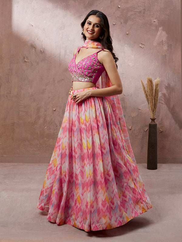 Women's Pink Organza Floral Printed Semi-Stitched Lehenga Choli & Dupatta - Royal Dwells