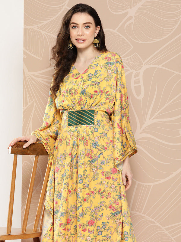 Yellow & Green Floral Printed Gotta Patti Floral Kaftan Kurta