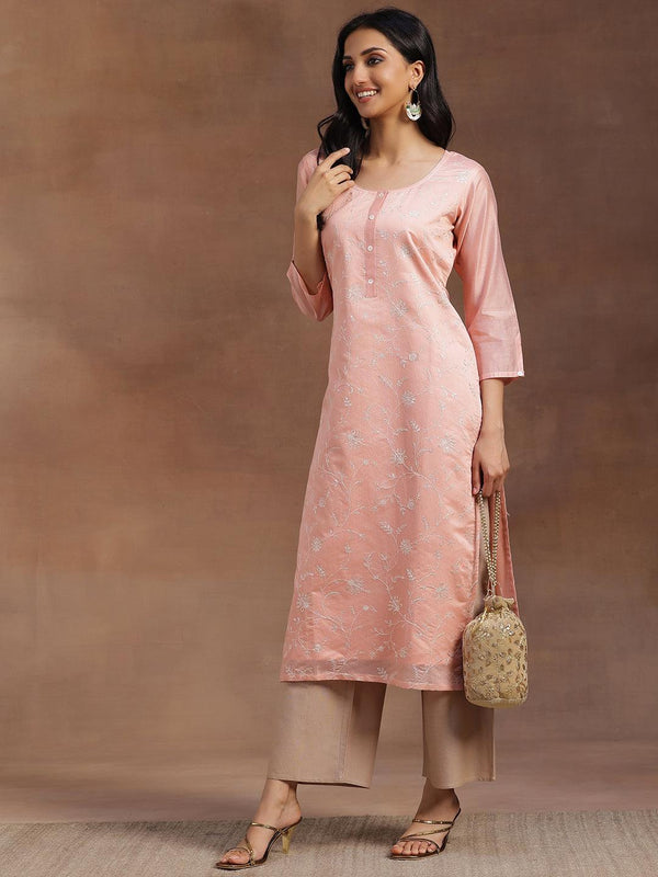 Peach Embroidered Chanderi Silk Straight Kurta - Jashvi