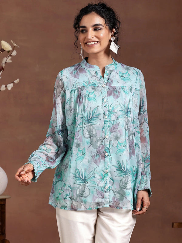 Blue Printed Chiffon A-Line Kurti