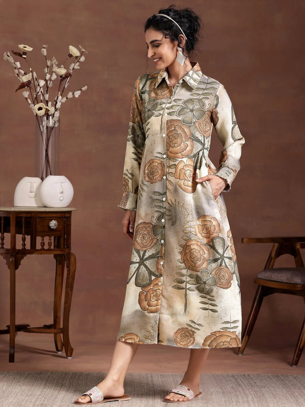 Grey Printed Linen Shirt Dress