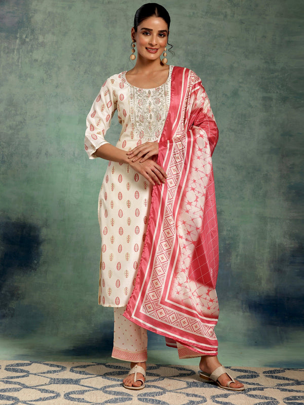 Off White Printed Silk Blend Straight Suit With Dupatta - Jashvi