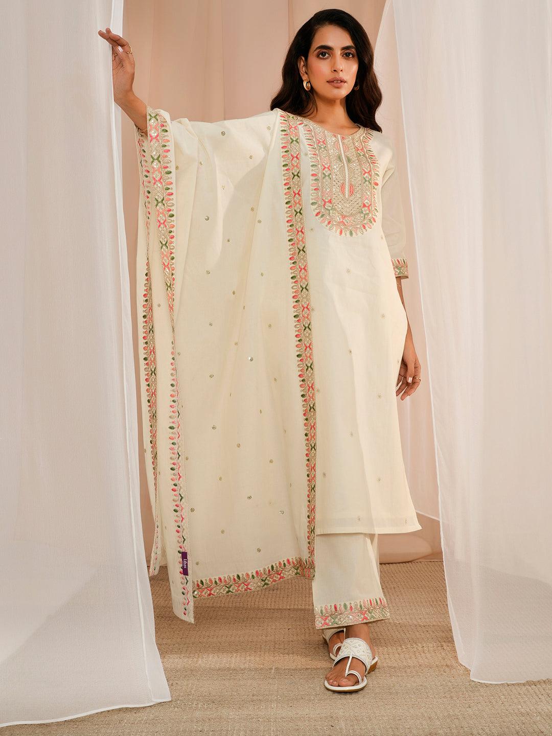 Off White Embroidered Cotton Straight Suit With Dupatta - Jashvi