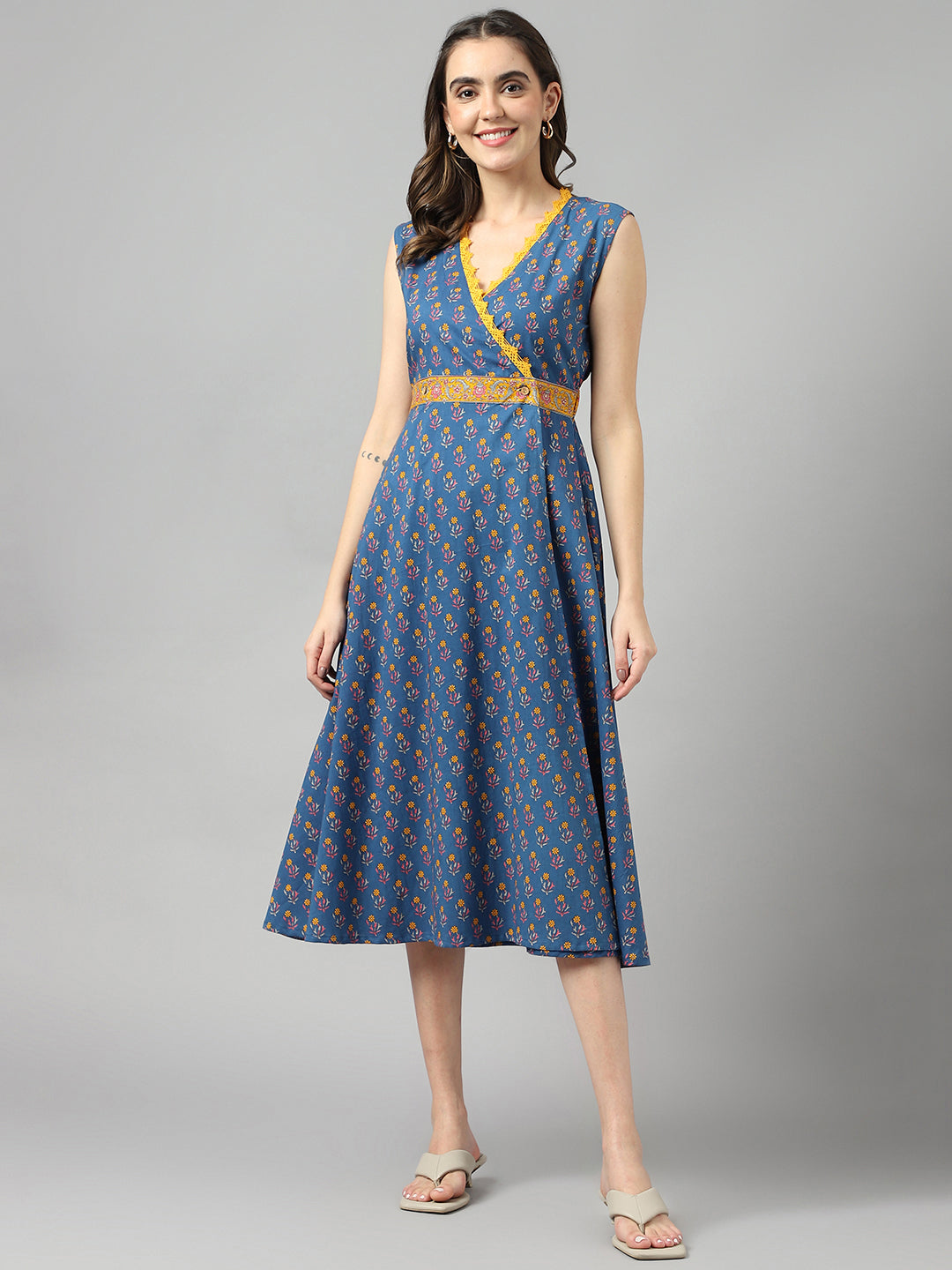 Women's Blue Cotton Texrtured Fit & Flared Dress - Deckedup