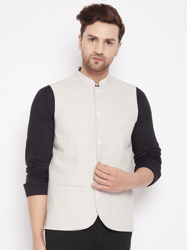 Men's Cream Color Woven Nehru Jacket - Even Apparels