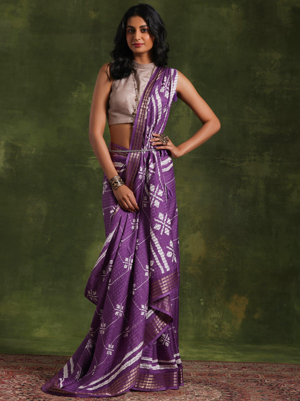 Lavender Printed Silk Blend Saree With Unstitched Blouse Piece - Jashvi