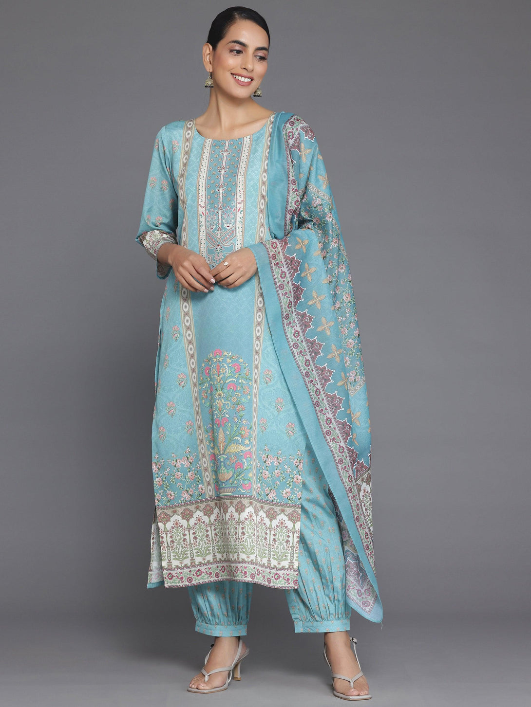 Blue Printed Poly Crepe Straight Suit With Dupatta - Jashvi