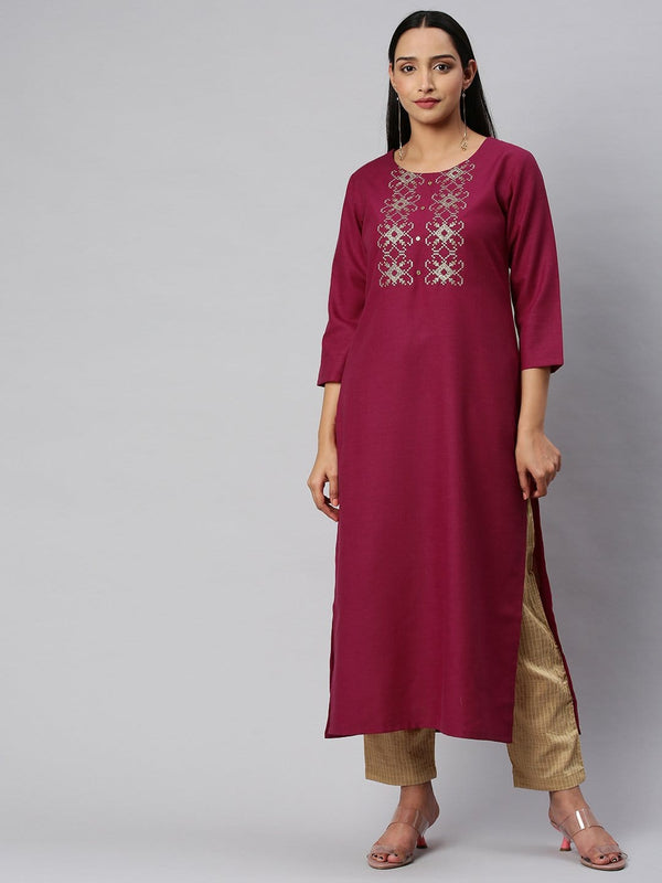 Women's KSUT Fuchsia And Gold Yoke Embroidery Kurta With 3/4Th Sleeves - Varanga