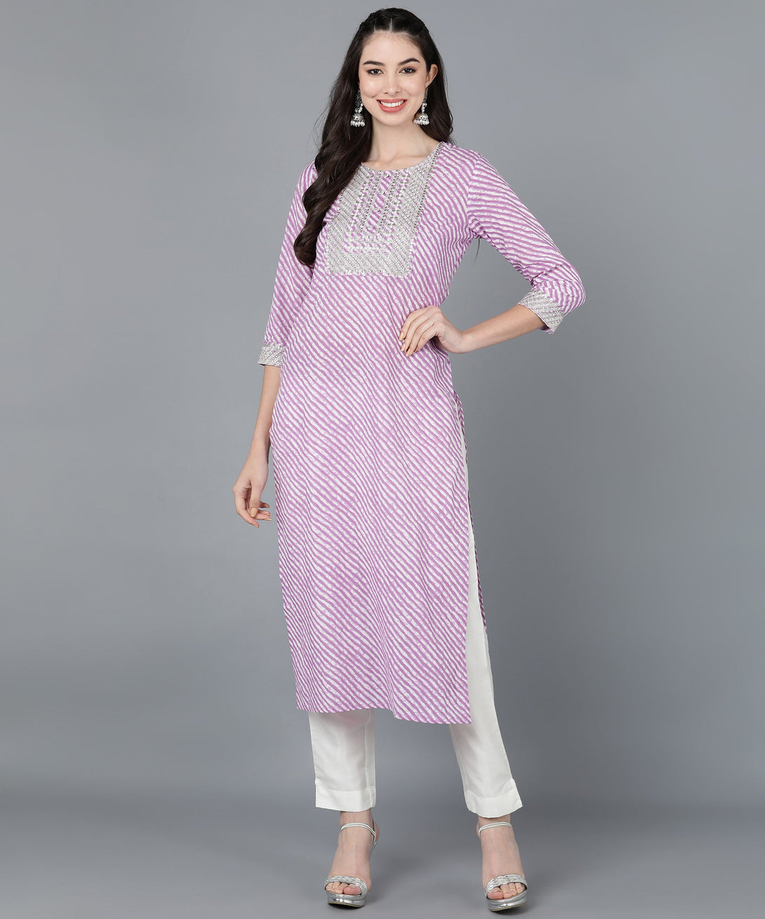 Women's Cotton Lehriya Print Straight Kurta (Purple) - Kipek