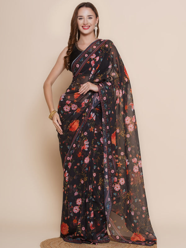 Black Floral Printed Georgette Sarees