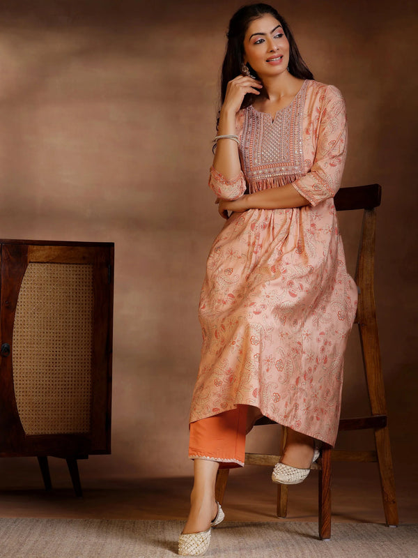 Rust Printed Silk Blend A-Line Kurta With Palazzos