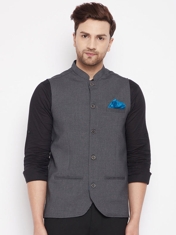 Men's Grey Color Nehru Jacket-Contrast Lining-Free Pocket Square - Even Apparels