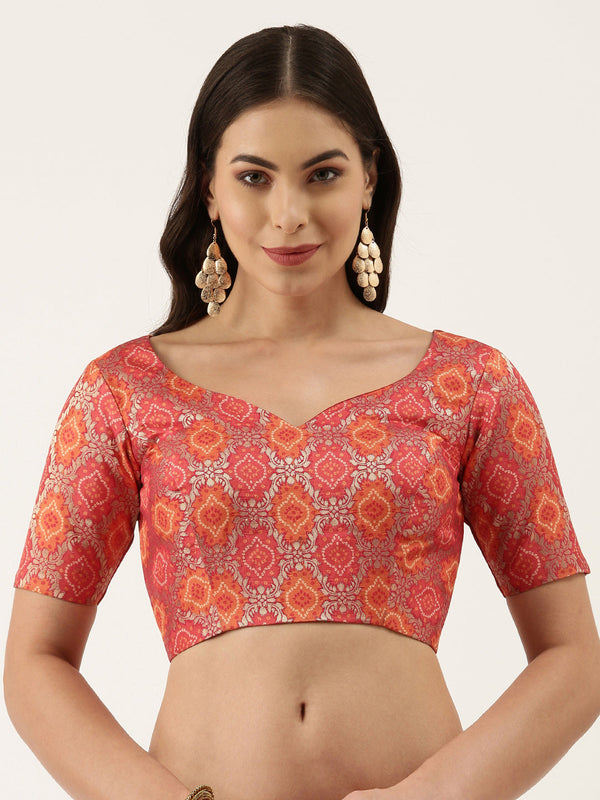 Women's Red Orange Jacquard Bandhni Blouse - Royal Dwells