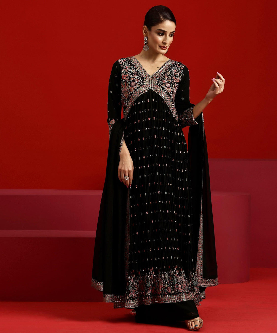 Jashvi Art Black Embroidered Georgette A-Line Kurta With Palazzos & Dupatta - Jashvi